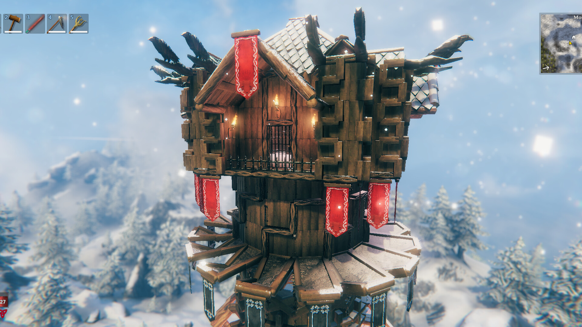 Detailed mountain tower Valheim Build
