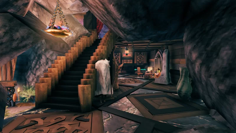 Entrance Hall. Main bedroom upstairs , cozy fire place to the right , war room and forge area straight ahead.