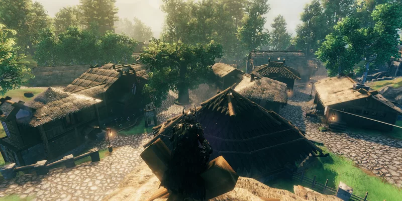 Old town zone with Oak's inn at the left, capes shop at the center and blacksmiths behind